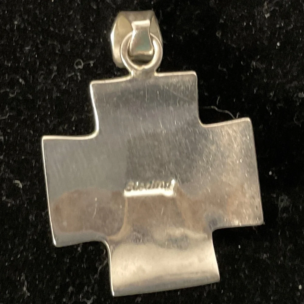 Sterling Silver Cross Pendant w/ Inlay Design - Picture 2 of 6